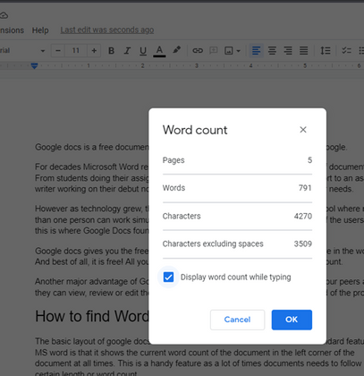 google docs display word count while typing