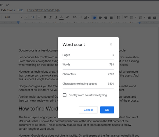 google docs word count popup window